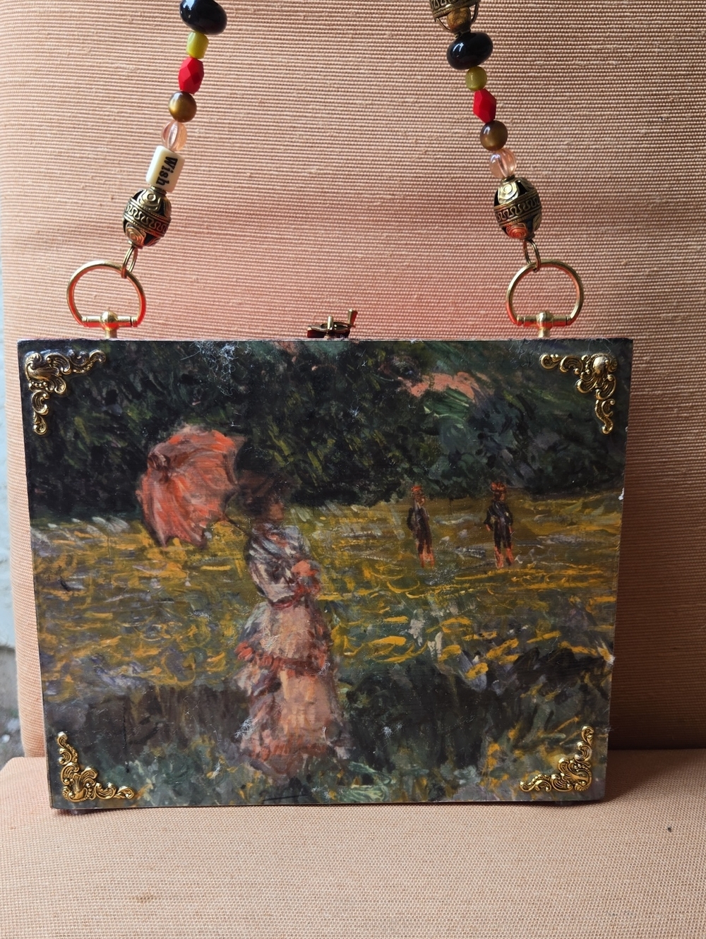 Hand-Painted Impressionist Box Bag with Beaded Strap - Pink & Multicolor